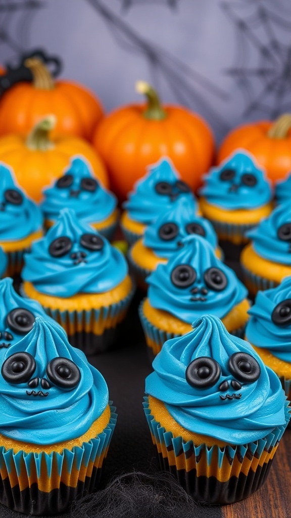Halloween cupcakes with blue frosting and black decorations inspired by Sally from The Nightmare Before Christmas.